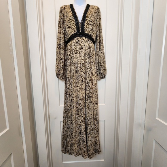 Baltic Born Cha Cha Maxi Dress M Taupe Leopard Black Lace Boho Wedding Guest - Picture 2 of 16